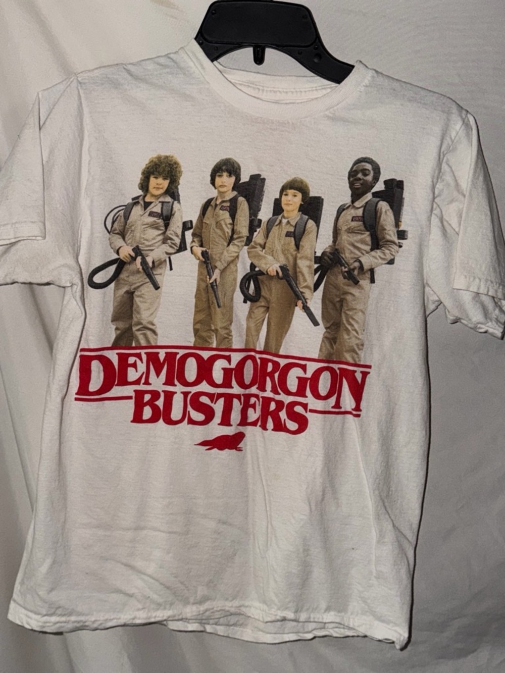 Demogorgon Busters Graphic Tee in White with Red Print